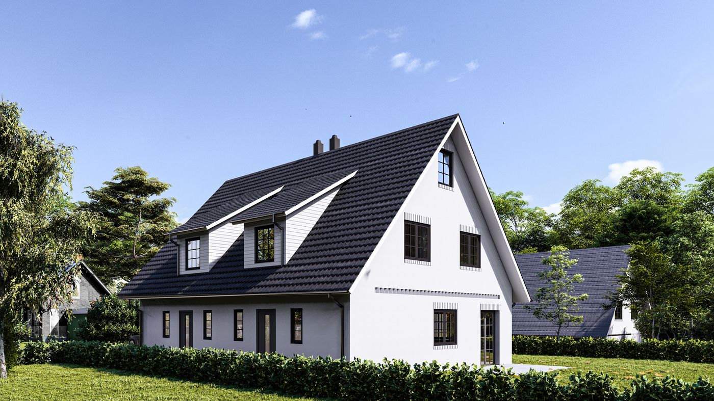 Freistehendes Einfamilienhaus mit weißer Fassade und dunklem Schieferdach